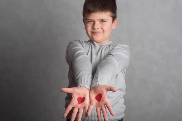 Red Hearts Baby Palms Drawing Red Colors Boy Arms Close — Stock Photo, Image