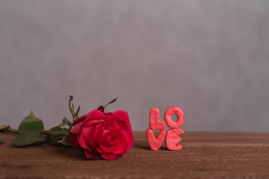 Çiçek açan bir gülün güzel tomurcuğu ve ahşap bir arka planda şehvetli harflerden yapılmış 