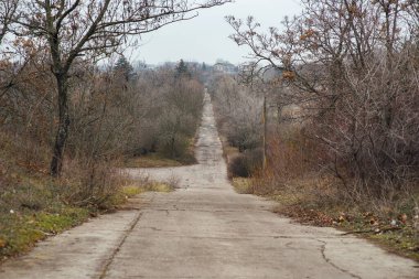 Sisli, yağmurlu bir havada geniş bir sokak ya da arabalar için uzun bir yol. Araba ve yaya için sürüş yönü