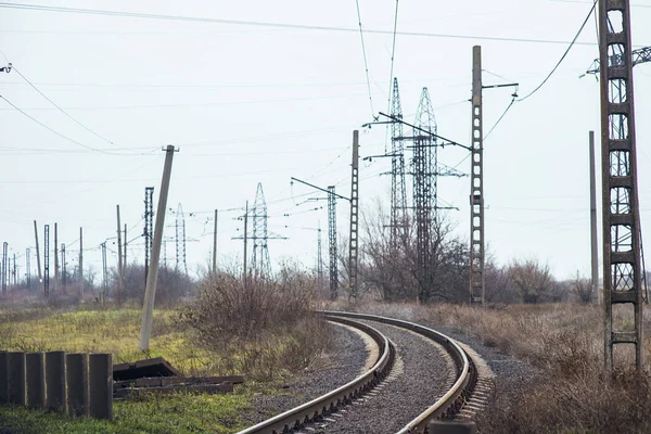 Railway tracks, rails, sleepers, train track. Railway track. Steel sleepers, curved shape. Turn by rail