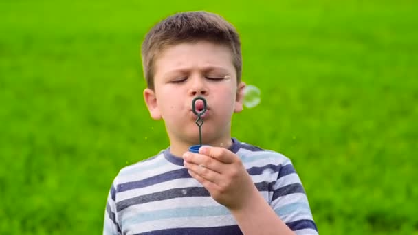 Смайлик, хлопчик, що дме бульбашки на зеленому полі. Гарячий літній день, весела європейська дитина грається з мильними бульбашками.. — стокове відео