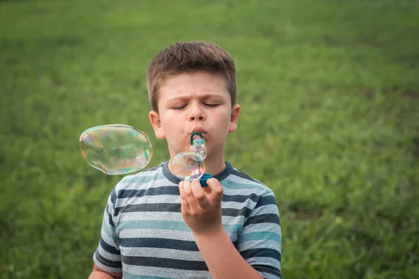 Portrait Happy Sweet Boy Blowing Bubbles Kid Blows Bubbles Funny — Stock Photo, Image