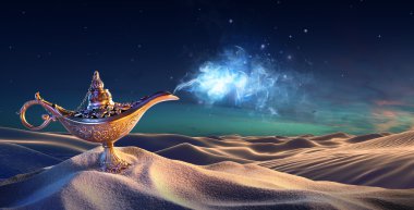 Lamp of Wishes In The Desert - Genie Coming Out Of The Bottle clipart