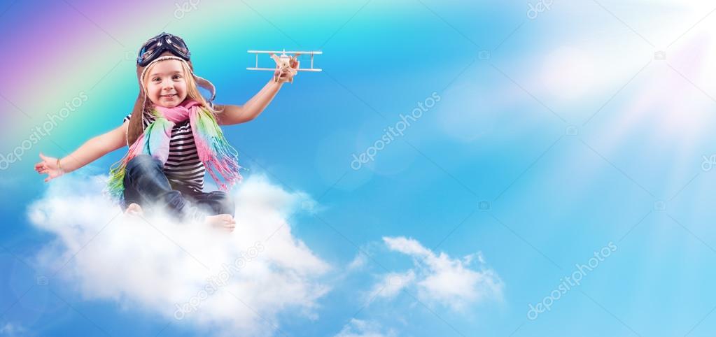 Full-Color Adventure - Child Flying On The Cloud With Airplane And Rainbow