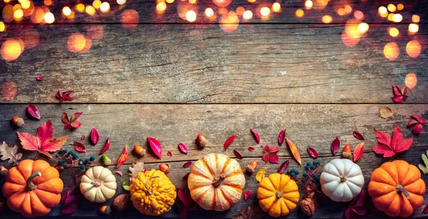 Thanksgiving Board Wooden Table Pumpkins Lights — Stock Photo, Image