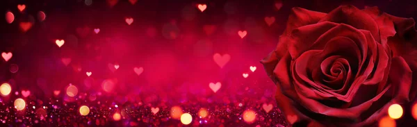 Valentinskarte Rote Rose Herz Auf Glänzendem Glitzerhintergrund — Stockfoto