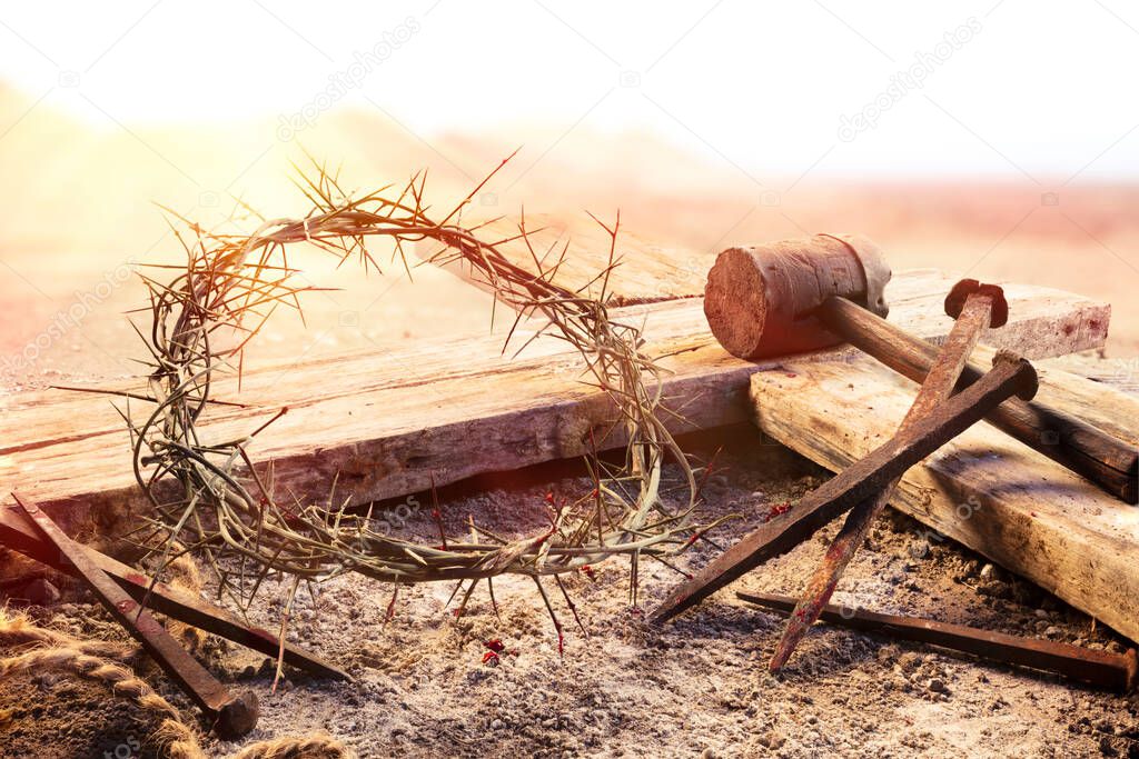 Crucifixion At Sunset - Cross With Crown Of Thorns Hammer And Bloody Nails