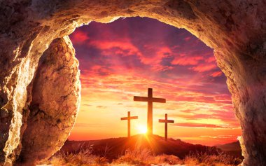 Resurrection Concept - Empty Tomb With Three Crosses On Hill At Sunrise clipart