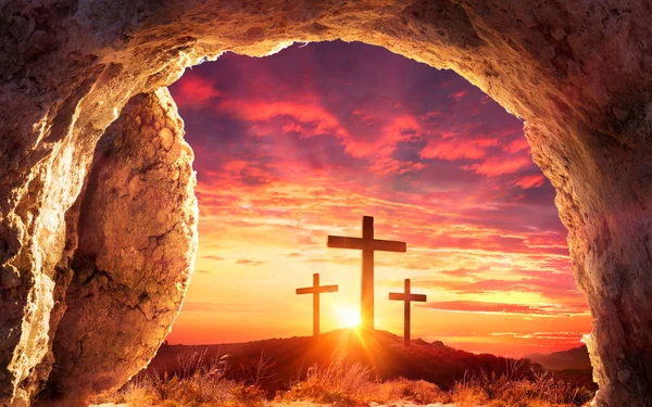 Resurrection Concept Empty Tomb Three Crosses Hill Sunrise — Stock Photo, Image