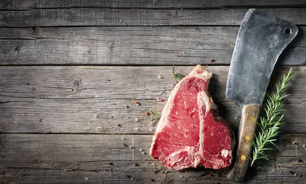Bone Beef Steak Raw Meat Grill Fresh Herbs Cleaver — Stock Photo, Image