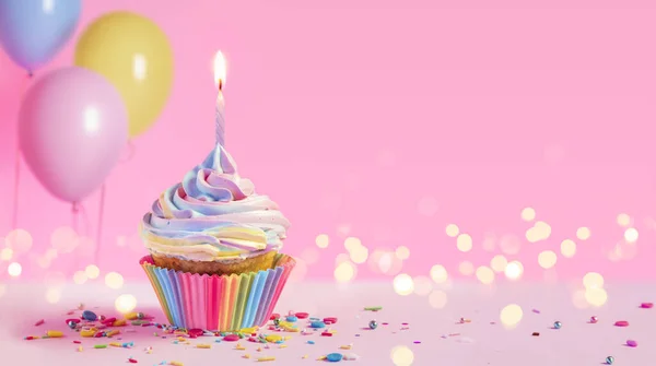 Verjaardag Cupcake Met Kaarsen Roze Decoratie — Stockfoto