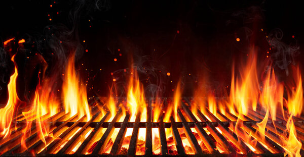 Barbecue Grill With Fire Flames - Empty Fire Grid On Black Background
