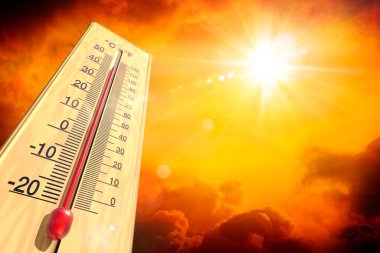 Heatwave With Warm Thermometer And Fire - Global Warming And Extreme Climate - Environment Disaster - contain 3d Rendering