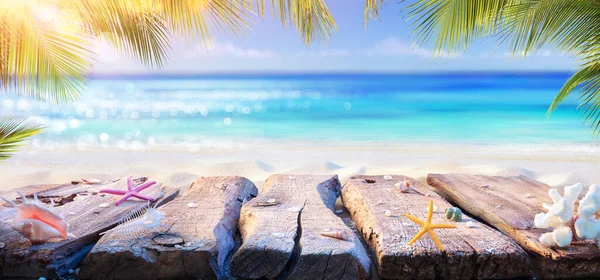 Beach Table Blurred Ocean Palm Leaves Summer Background —  Fotos de Stock