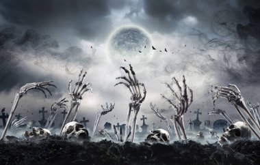 Karanlıkta Yükselen Zombiler Mezarlıktan Çıkan Kemikler ve Kafatasları