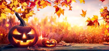 Sonbahar Masasında Yaprakları ve Mumları Olan Balkabakları Güneşli Arka plan