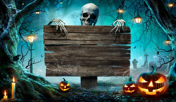 Halloween Party Card Pumpkins Skeleton Graveyard Night Wooden Board — Stock Photo, Image