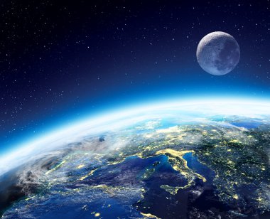 Earth and moon view from space at night - Europe clipart