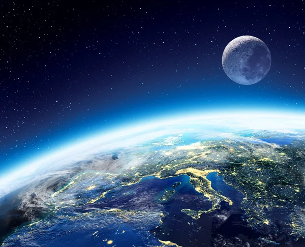 Earth and moon view from space at night - Europe — Stock Photo, Image