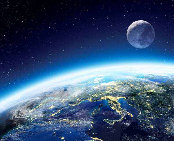 Вид Земли и Луны из космоса ночью - Европа

