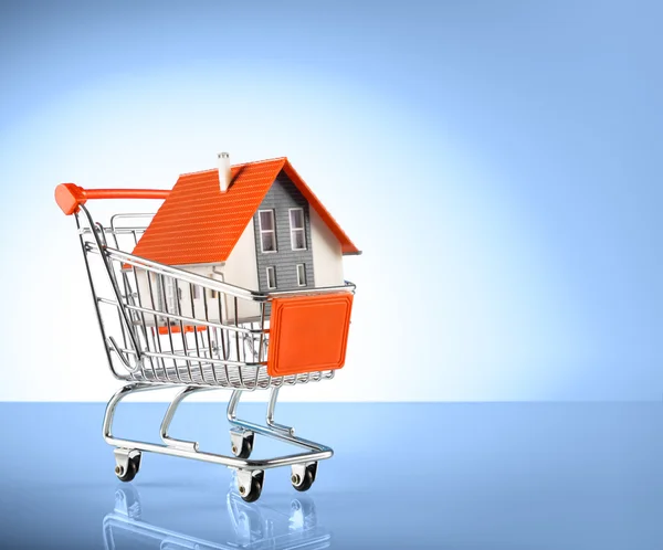 Casa en el carrito de compras - para el fondo de propiedades inmobiliarias — Foto de Stock