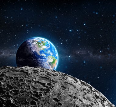 Görünümün Dünya'nın ay yüzeyinden - ABD ve galaksi