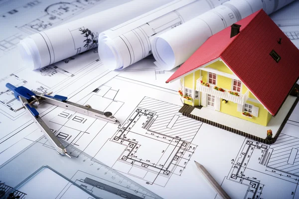 House on blueprints - housing project — Stock Photo, Image