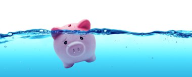 Piggy bank drowning in debt - savings to risk clipart