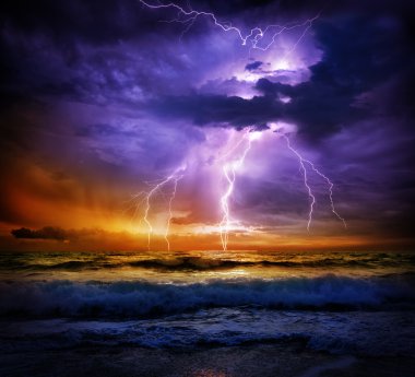 lightning and storm on sea to the sunset - bad weather clipart