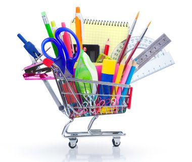 school supplies in shopping cart - back to school clipart