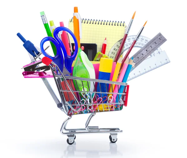 School supplies in shopping cart - back to school — Stock Photo, Image