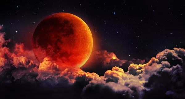 Moon eclipse - planet red blood with clouds — Stock Photo, Image