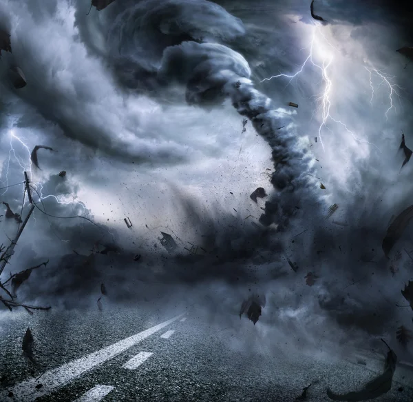 Powerful Tornado - Dramatic Destruction On The Road — Stock Photo, Image