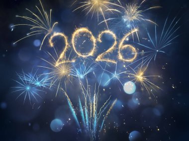 2026 Yeni Yıl Kutlaması - Altın Havai fişekler ve Mavi Gece Parıltısı