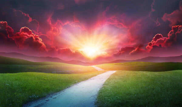 Heart In Clouds At Sunset With Road Or Path Of Love - Valentines Day - Go Where Your Heart Takes You