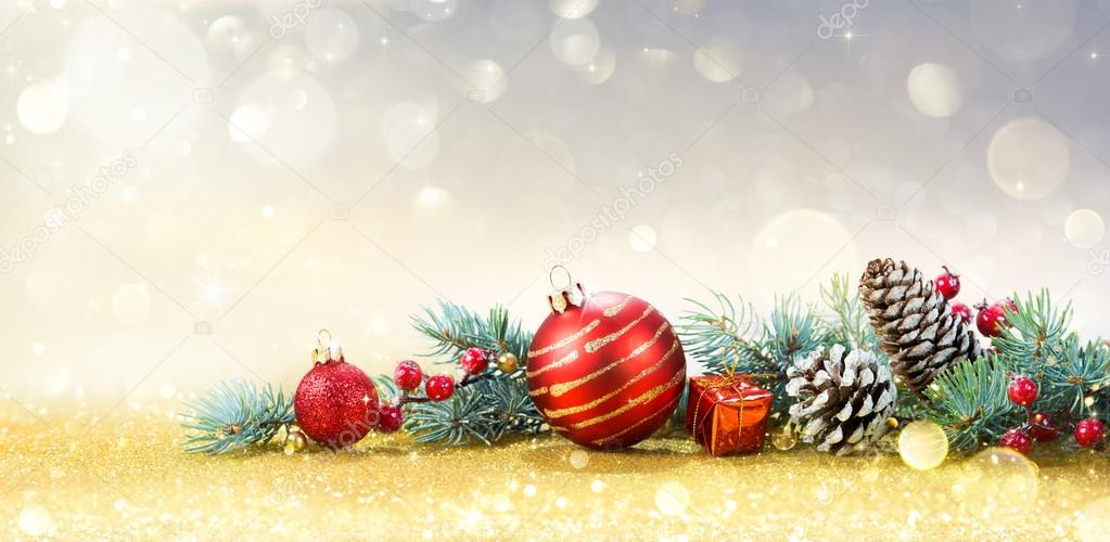 Christmas Greeting Card With Ornament On Golden Background