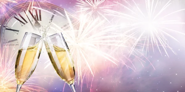 Toast With Fireworks And Champagne At Midnight — Stock Photo, Image