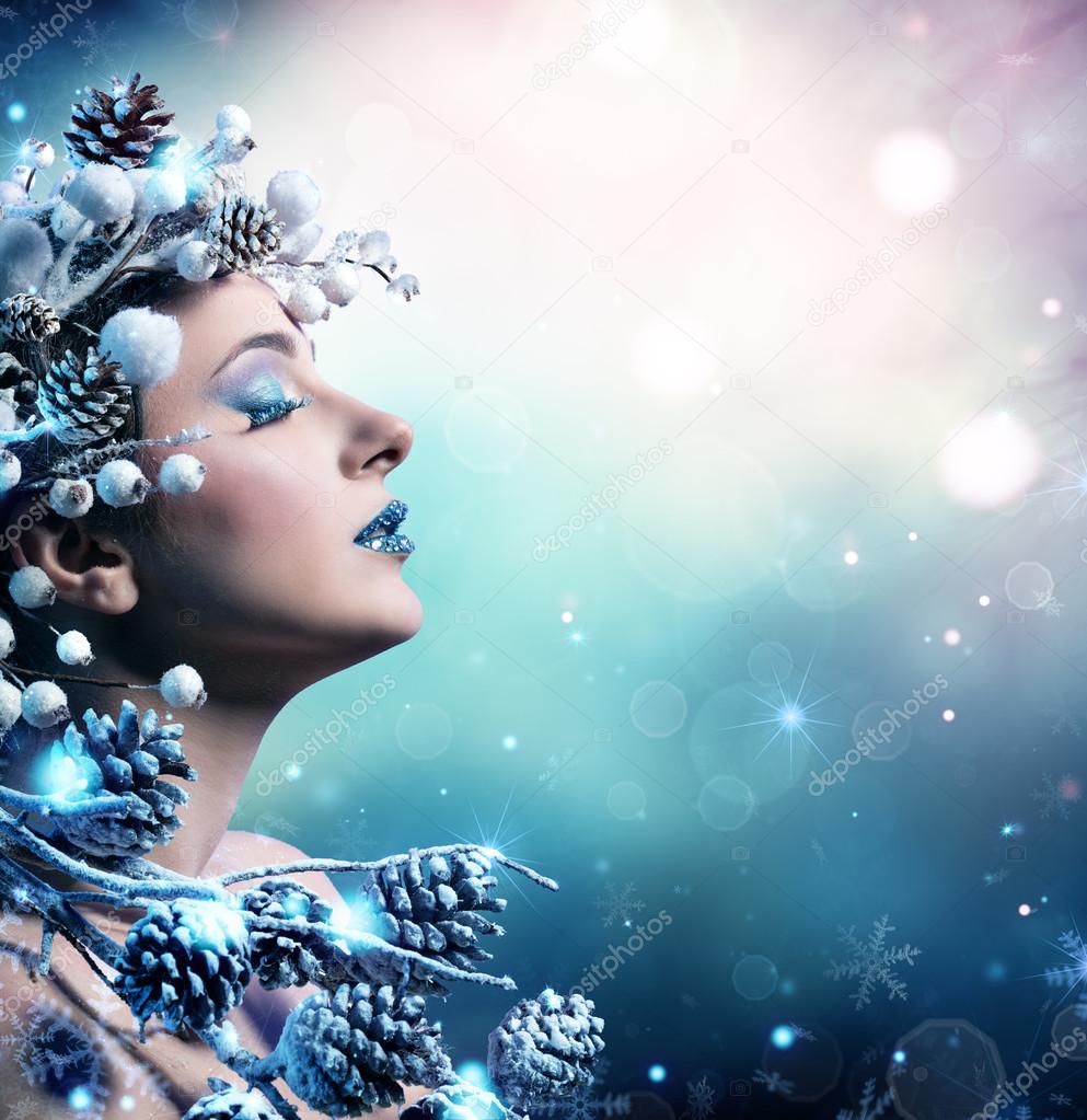 Winter Woman Portrait - Beauty Fashion Model Girl With Snowy Decoration