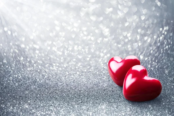 Two Hearth On Silver Glitter - Valentine Card — Stock Photo, Image
