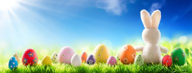 Bunny ile dekore edilmiş yumurta güneşli çayır - bahar ve Paskalya arka plan