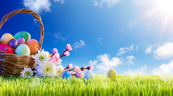 Basket of Easter Eggs With Flowers On Green Meadow