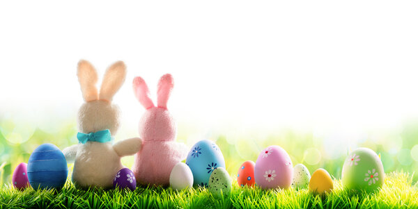 Two Bunnies With Decorated Eggs Isolated On Sunny Meadow