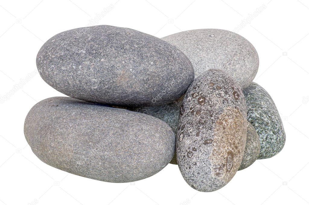 The stones are gray, isolated, stacked in a variety of compositions for use in collages, photographed in a studio in natural daylight, horizontally.