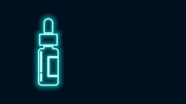 Parlak neon çizgili pipetli cam şişe. Siyah arka planda izole edilmiş, içinde pipet olan bir şişe. Tıbbi ve kozmetik ürünler için konteynır. 4K Video hareketli grafik canlandırması