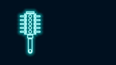 Parlayan neon çizgisi saç fırçası simgesi siyah arkaplanda izole edildi. Taraklı saç işareti. Berber sembolü. 4K Video hareketli grafik canlandırması