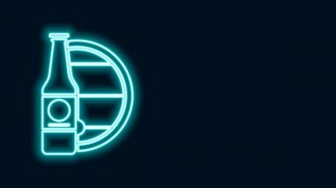 Parlayan neon hattı bira şişesi ve siyah arka planda izole edilmiş ahşap varil ikonu. 4K Video hareketli grafik canlandırması