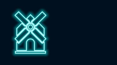 Parlayan neon hattı yel değirmeni simgesi siyah arkaplanda izole edildi. 4K Video hareketli grafik canlandırması
