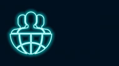 Parlayan neon hattı Globe ve siyah arka planda izole edilmiş insan ikonu. Küresel iş sembolü. Sosyal ağ simgesi. 4K Video hareketli grafik canlandırması
