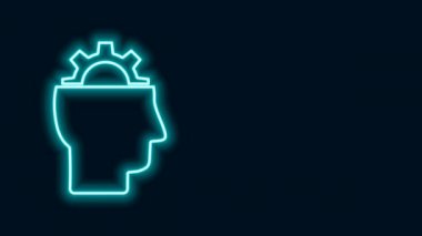 Işıldayan neon hattı insan, siyah arka planda izole edilmiş ikonun içindeki teçhizat. Yapay zeka. Beyin işaretini düşünüyorum. Beynin sembol çalışması. 4K Video hareketli grafik canlandırması
