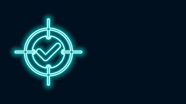 Parlayan neon hattı Hedef ve İşaret simgesi siyah arkaplanda izole edildi. Dart tahtası işareti. Okçuluk tahtası simgesi. Dartboard işareti. İş hedefi kavramı. 4K Video hareketli grafik canlandırması